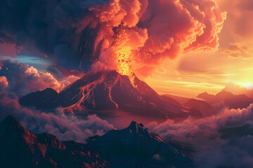 Fototapeta premium Stunning volcanic eruption with vibrant colors of sunset merging with dramatic smoky clouds, creating a breathtaking natural spectacle.