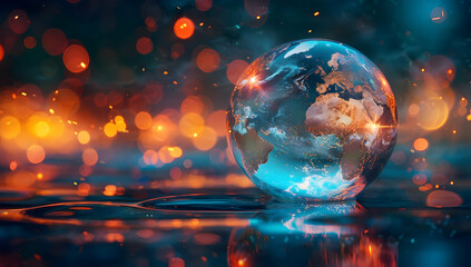 Vibrant globe resting on water with colorful bokeh lights in the background, symbolizing global connectivity and environmental awareness.