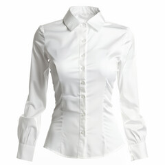 A formal white blouse with a slim fit and pointed collar, isolated on white background.