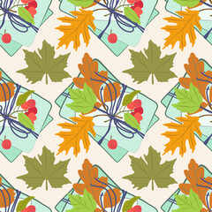 romantic pattern with autumn leaves with letters. Vintage style. Hand drawing, line and spot. Orange, green, blue, pink. It can be used for the design of postcards, magazines, invitations, wraping
