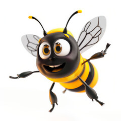 Obraz premium A cartoon 3D happy bumblebee with yellow and black stripes and a big smile, flying with its wings spread, isolated on white background.