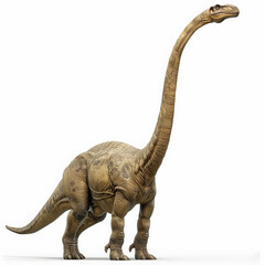 Fototapeta premium A majestic Brachiosaurus with its long neck reaching up, walking gracefully, isolated on white background.