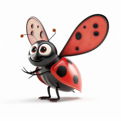 Obraz premium A cartoon 3D happy ladybug with red wings and black spots, standing and smiling, isolated on white background.