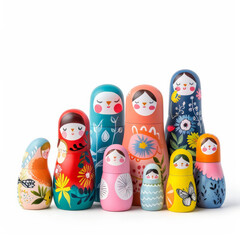 A set of colorful nesting dolls with different designs, isolated on white background.