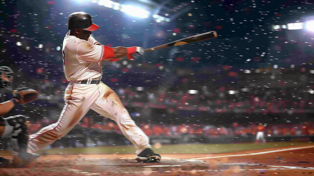 Original name(s): A baseball player swinging a bat and hitting a home run under the stadium lights