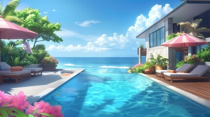  Large pool, lounge chairs, and umbrellas