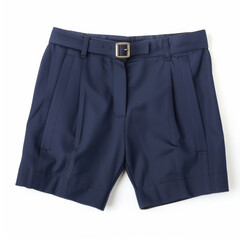 A pair of navy blue women's tailored shorts with belt loops and side pockets, isolated on white background.
