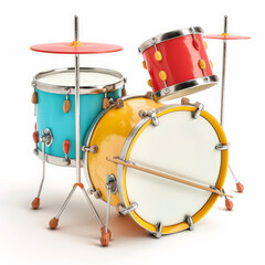 A colorful toy drum set with drumsticks, isolated on white background.