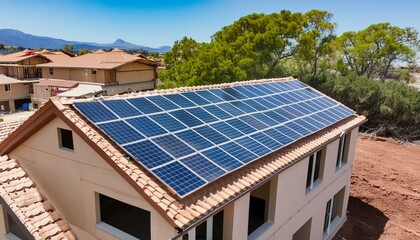 Fototapeta premium A brand new built home with solar panels on the roof of the house