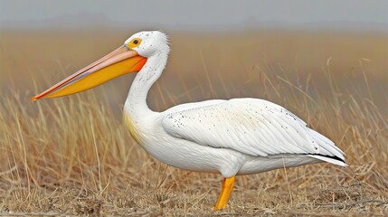 Obraz premium A white pelican with a yellow beak stands in a field of dry grass before a hazy sky