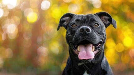 Proud black Staffordshire Bull Terrier dog in park with tongue out