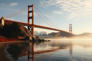 Obraz premium Minimalist Bridge Golden Gate's golden essence in lines and shapes, contrasting , generative IA