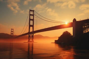 Minimalist Bridge Golden Gate's golden essence in lines and shapes, contrasting , generative IA