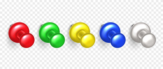 Vector 3D colorful push pin with shadow isolated on transparent background. Set of realistic plastic thumbtack in different angles.