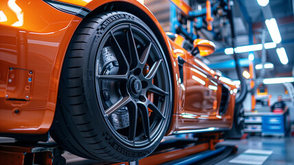 Fototapeta premium A detailed close-up of a sports car’s high-tech braking system being installed and tested