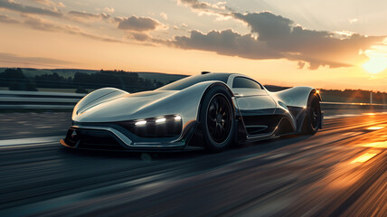A futuristic sports car prototype being tested on a high-speed track for performance evaluation