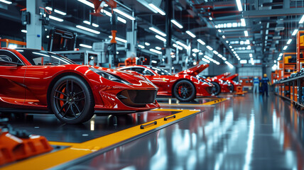 A modern production line with sports cars being assembled by both humans and robots