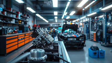 A race car engine bay with mechanics fine-tuning the components before a race