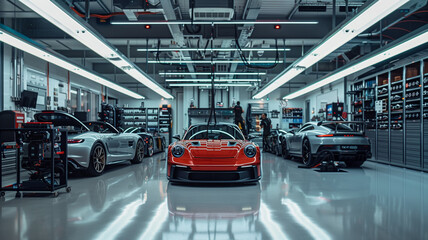 A modern workshop with technicians customizing and upgrading sports car engines and components