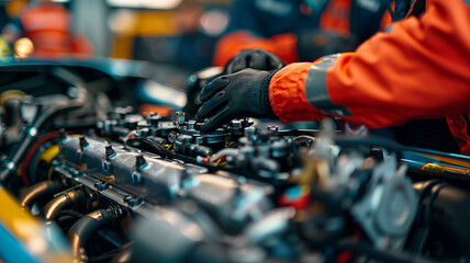 A race car engine bay with mechanics fine-tuning the components before a race