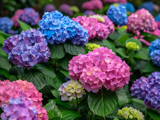 Fototapeta premium Vibrant Hydrangea Blooms in a Lush Garden Setting