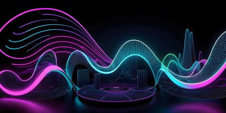 Artistic representation of an AI music assistant with neon-colored sound waves, symbolizing rich audio analysis and interaction.