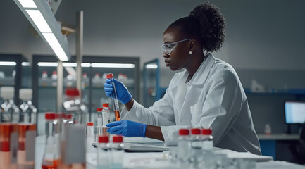 Medical bio laboratory, Research, Science test technology. Pharmaceutical lab specialist examines medicine vials, hospital patient samples. Medical student conducts research, science lab