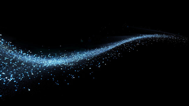 A stream of blue glitter appears on a black background. The glitter fell in a way that looked like it was blown by the wind. The scene was quirky and fun.