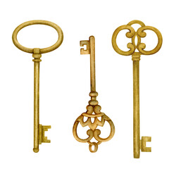 Set of golden keys. The illustrations are hand drawn in watercolor and isolated on a white background