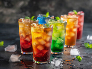 Refreshing Summer Drinks With Ice and Mint on a Dark Background
