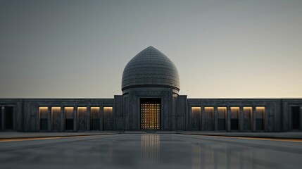 Obraz premium Modern mosque blending traditional architecture with cutting-edge technology, showcasing sleek lines and futuristic elements against a serene backdrop.