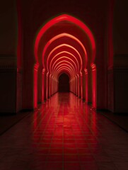 Fototapeta premium Mosque illuminated by red lighting, creating a dramatic and ethereal ambiance during evening prayers and special events.