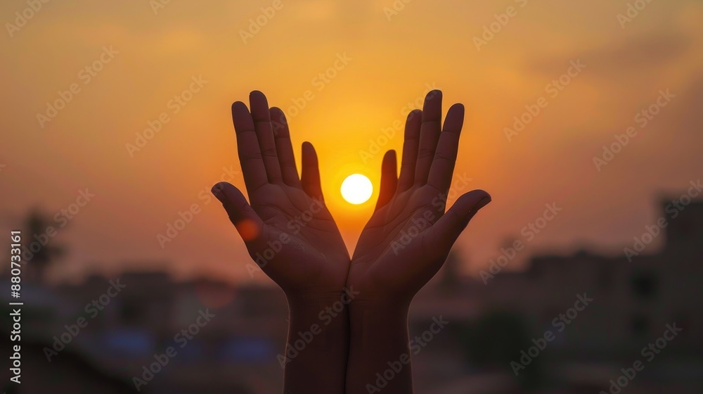 Wall mural selective focus evening view of sunset with child s hands in pakistan