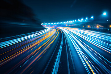 Abstract long exposure of car light trails on highway at night, city background. Abstract motion blur effect with lights from moving vehicles in the street for urban background. 