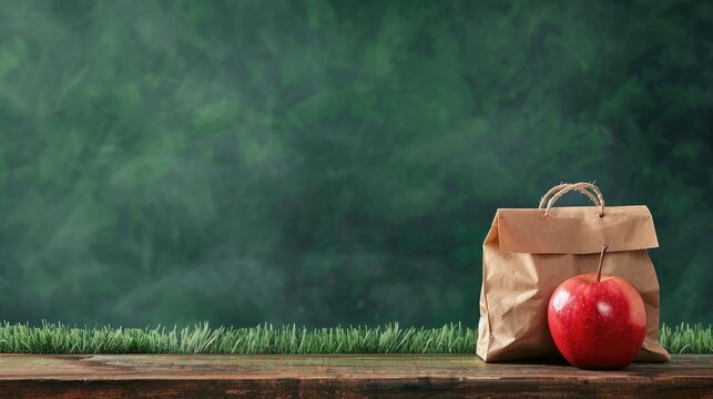 Nutrition themed setup with brown bag lunch red apple and green backdrop - Powered by Adobe
