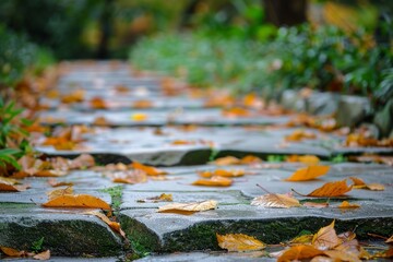 Autumn leaves drifting down onto a stone path, with a softly blurred background of a park 