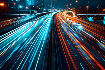 Abstract long exposure of car light trails on highway at night, city background. Abstract motion blur effect with lights from moving vehicles in the street for urban background. 
