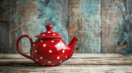 Vintage red teapot with polka dots on wood surface