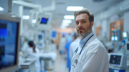 Fototapeta premium Medical doctor in an intensive care unit, surrounded by advanced medical equipment, focusing on patient care and monitoring.