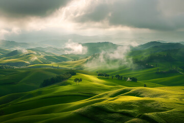 Obraz premium Landscape with green hills and clouds