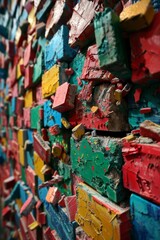 Fototapeta premium Breaking Boundaries. A wall of small colorful bricks being broken or dismantled, symbolizing breaking through barriers or overcoming obstacles. 