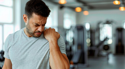 a man holding his shoulder in pain, standing in a gym