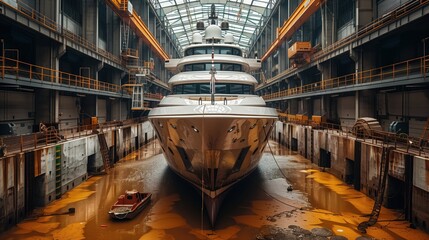 Luxury Yacht in Dry Dock Facility. Sleek luxury yacht in a modern dry dock facility, undergoing maintenance and repairs, surrounded by industrial equipment.