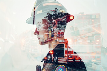 Double Exposure Photography of Paramedic and Ambulance, Vibrant Hues on White Background
