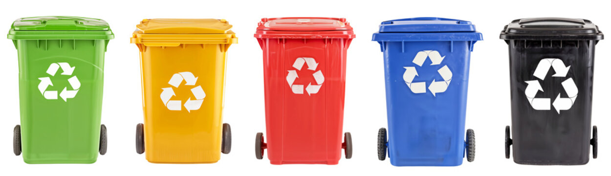 Colorful Recycling Wheelie Bins Set for Waste Sorting png, Collection of trash recycle bin in black yellow blue green and red, isolated on white or transparent background hd