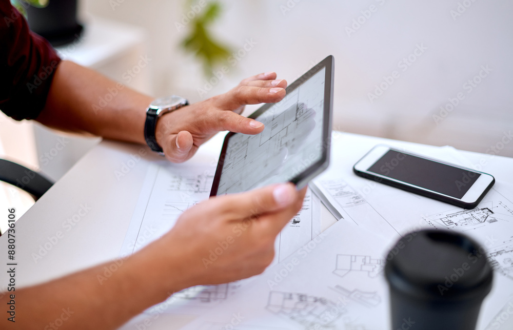 Poster hand, architect and tablet with person blueprint for renovation, construction design and paper in of