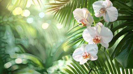 Tropical leaves and orchid on beautiful background with space for text