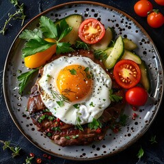 High-Quality Keto Plate with Sunny-Side-Up Egg, Meat, and Vegetables
