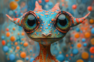 creature of ai // cute alien with large eyes and long neck covered in vibrant colors like blue and orange dots, friendly expression, photorealistic // ai-generated