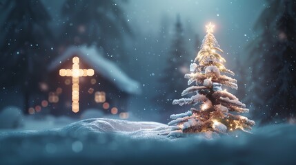 A serene winter night with a beautifully lit Christmas tree and a glowing cross in the background, capturing the essence of Christmas spirit.
